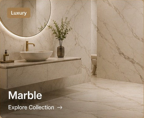 Luxury marble bathroom with sink and mirror, featuring the word 'Marble' and an 'Explore Collection' button.